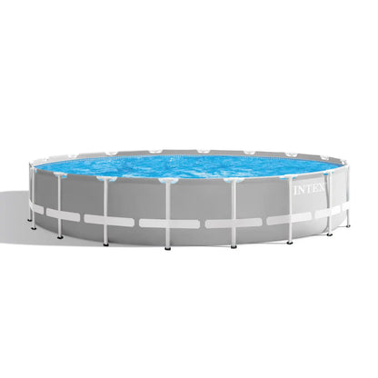 Round above-ground pool with gray frame, blue liner, and INTEX lettering