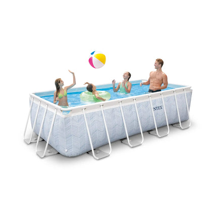 Rectangular above-ground pool with white metal frame and light blue chevron liner