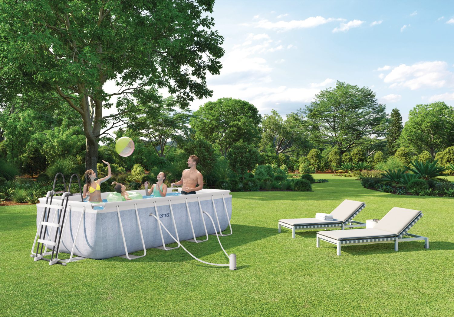 Rectangular above-ground pool with light blue liner and white metal frame outdoors
