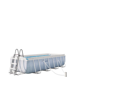 Rectangular above-ground pool with ladder, light blue chevron liner, and white frame