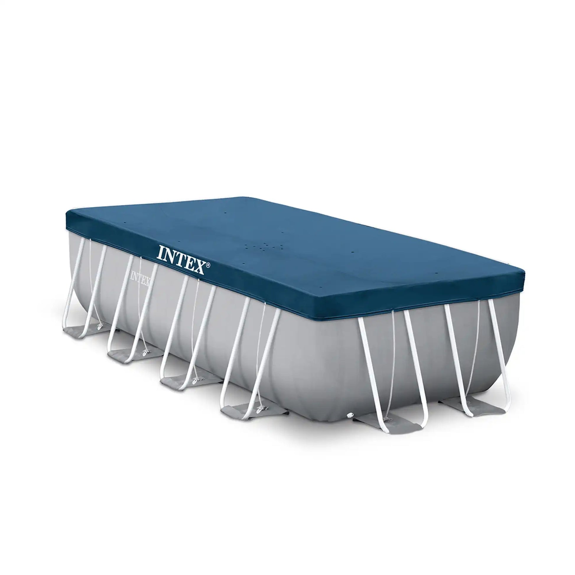 Rectangular above-ground pool with gray frame and dark blue top, INTEX logo