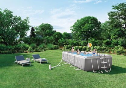 Rectangular above-ground pool with gray frame, filled water, and attached ladder