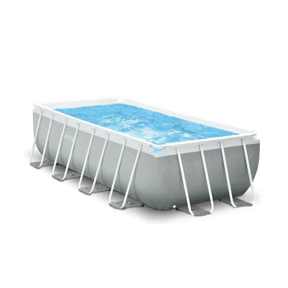 Rectangular above-ground pool set with gray frame and blue water, INTEX logo