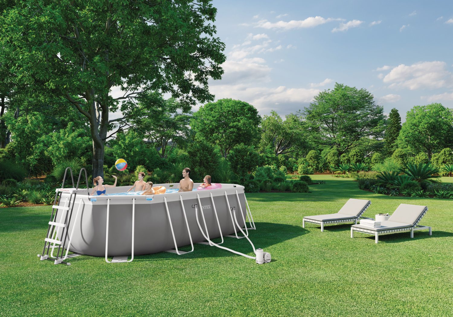 Oval above-ground pool with grey liner and white frame, set on outdoor grass