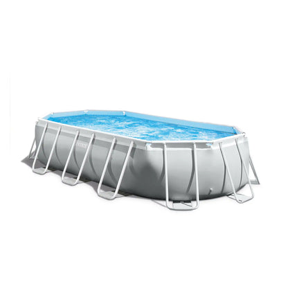 Oval above-ground pool set with blue liner, grey metal frame and arched support legs