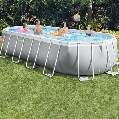 Oval frame above-ground pool with gray base and white metal supports; people in water