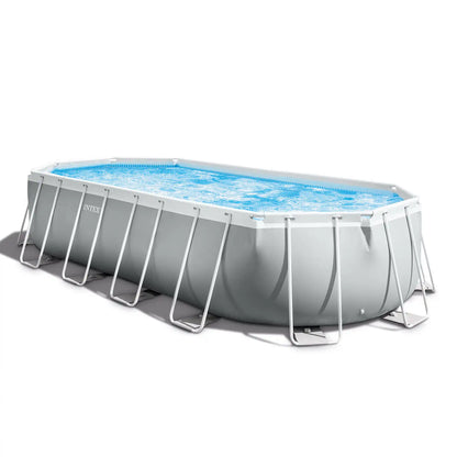 Oval frame above-ground pool with gray base, white legs, and open blue water