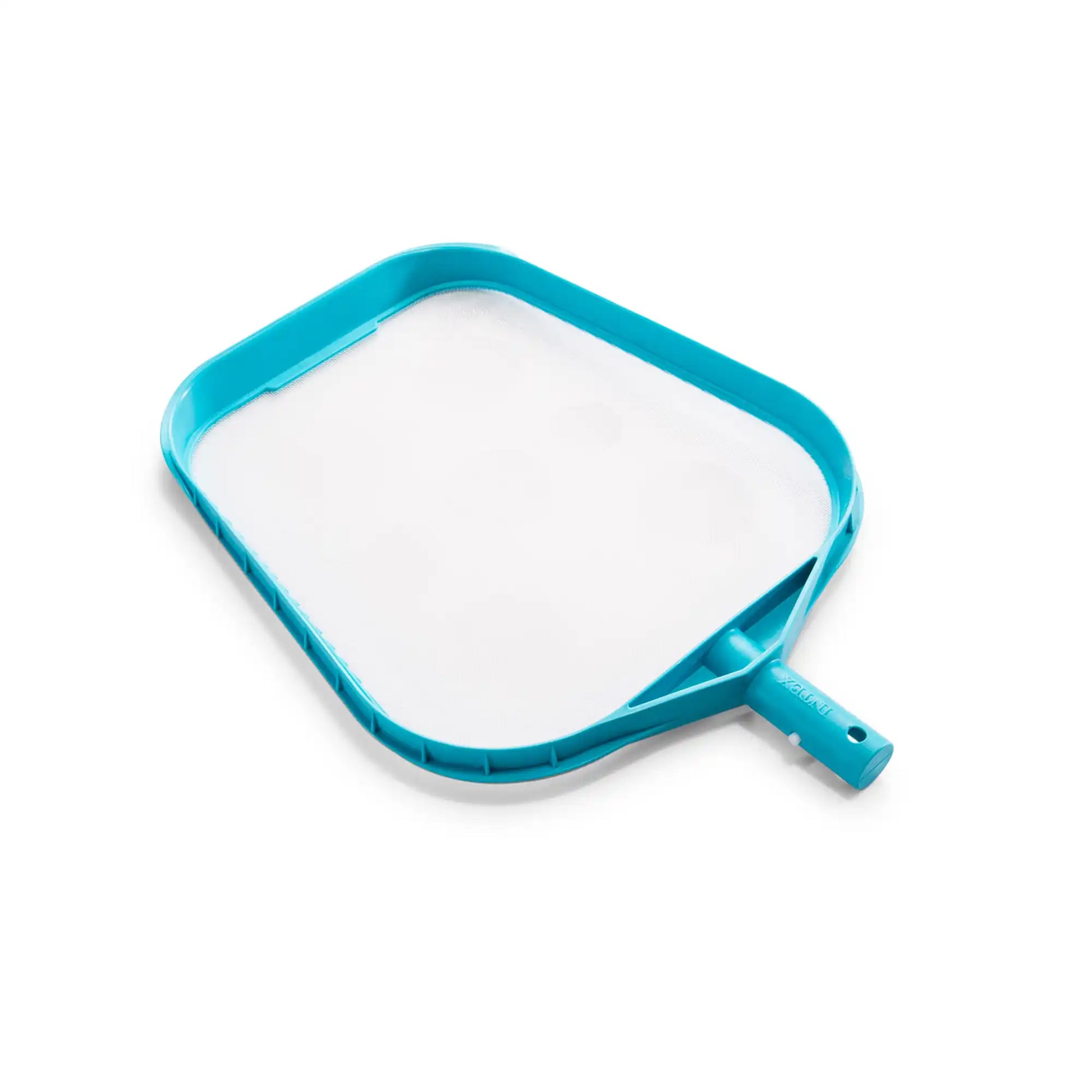 Pool skimmer net with teal-blue frame and handle, fine mesh pocket