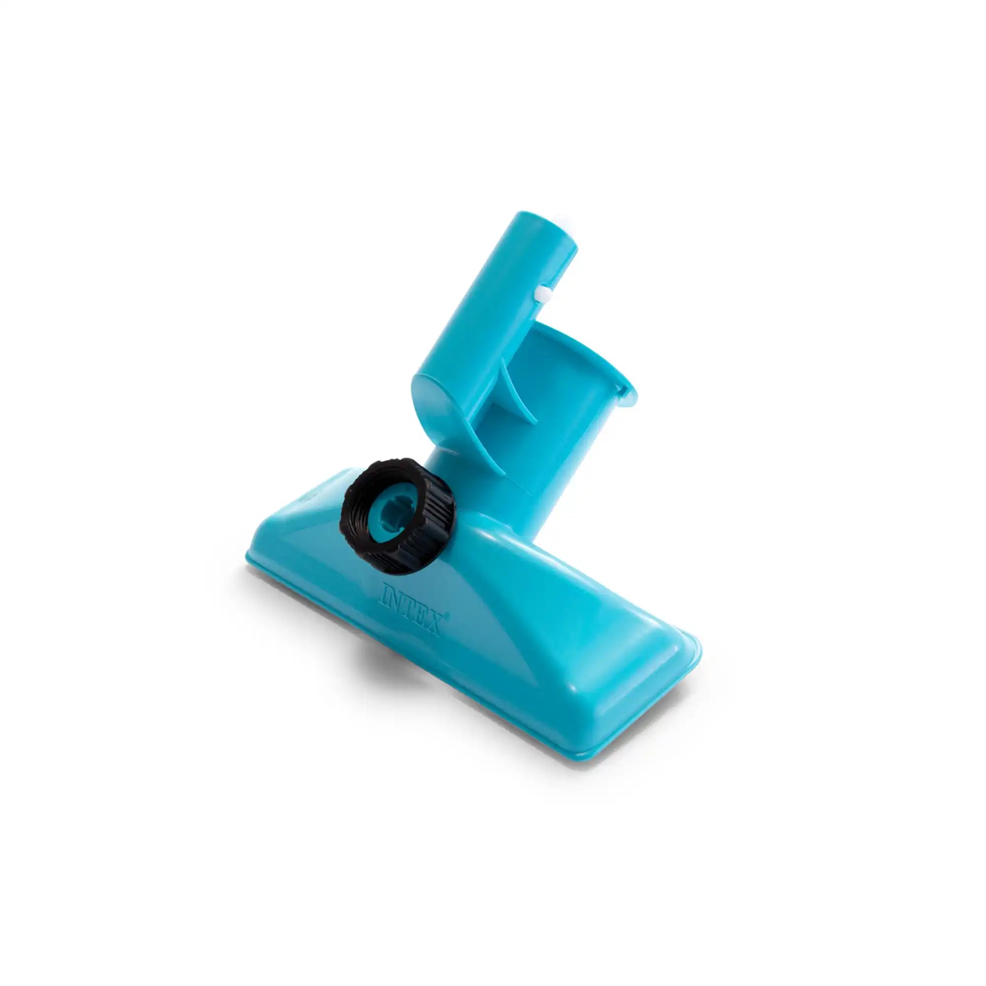 Pool brush attachment with teal-blue head and black wheel roller
