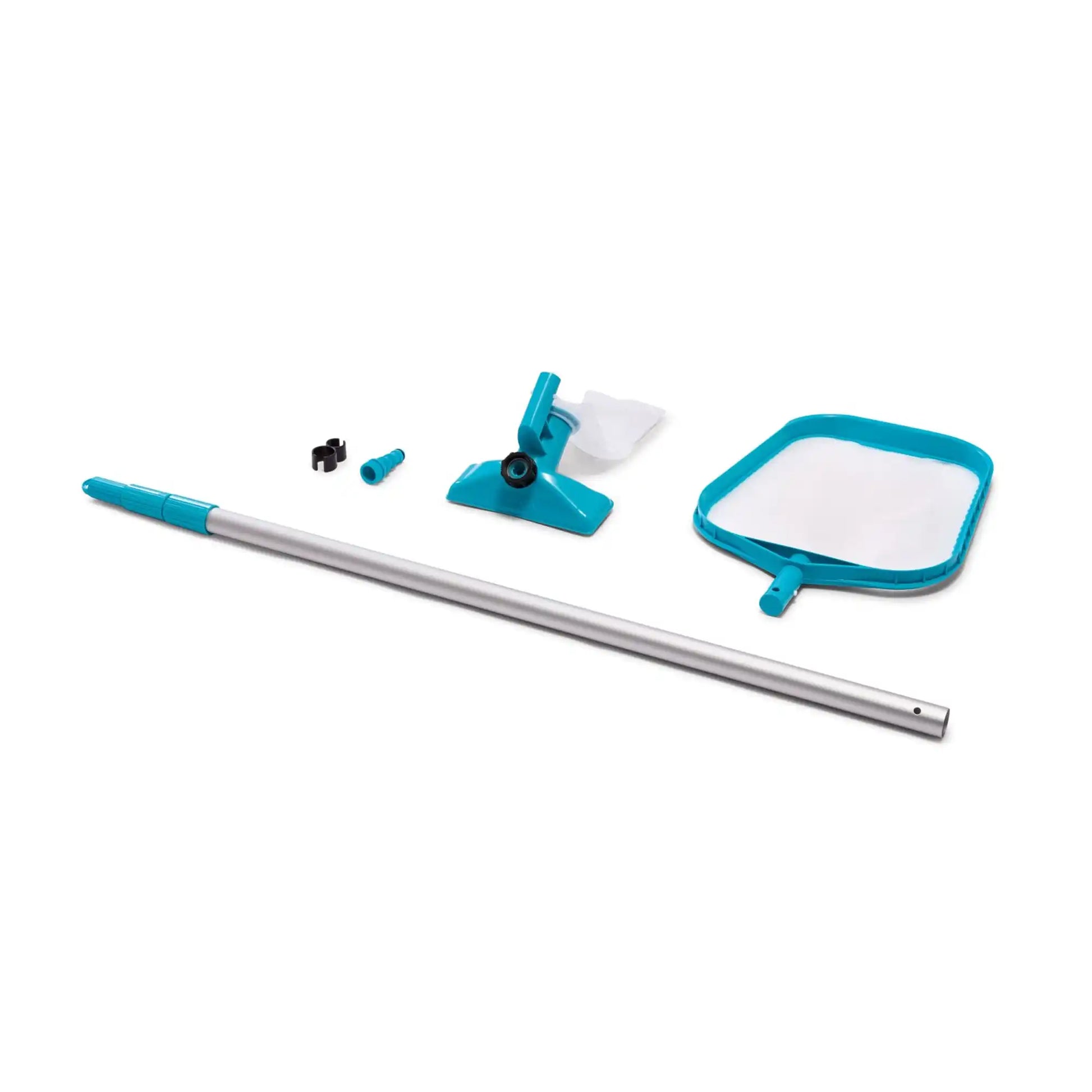 Pool maintenance kit with telescoping pole, blue brush head, skimmer net, and spare pieces