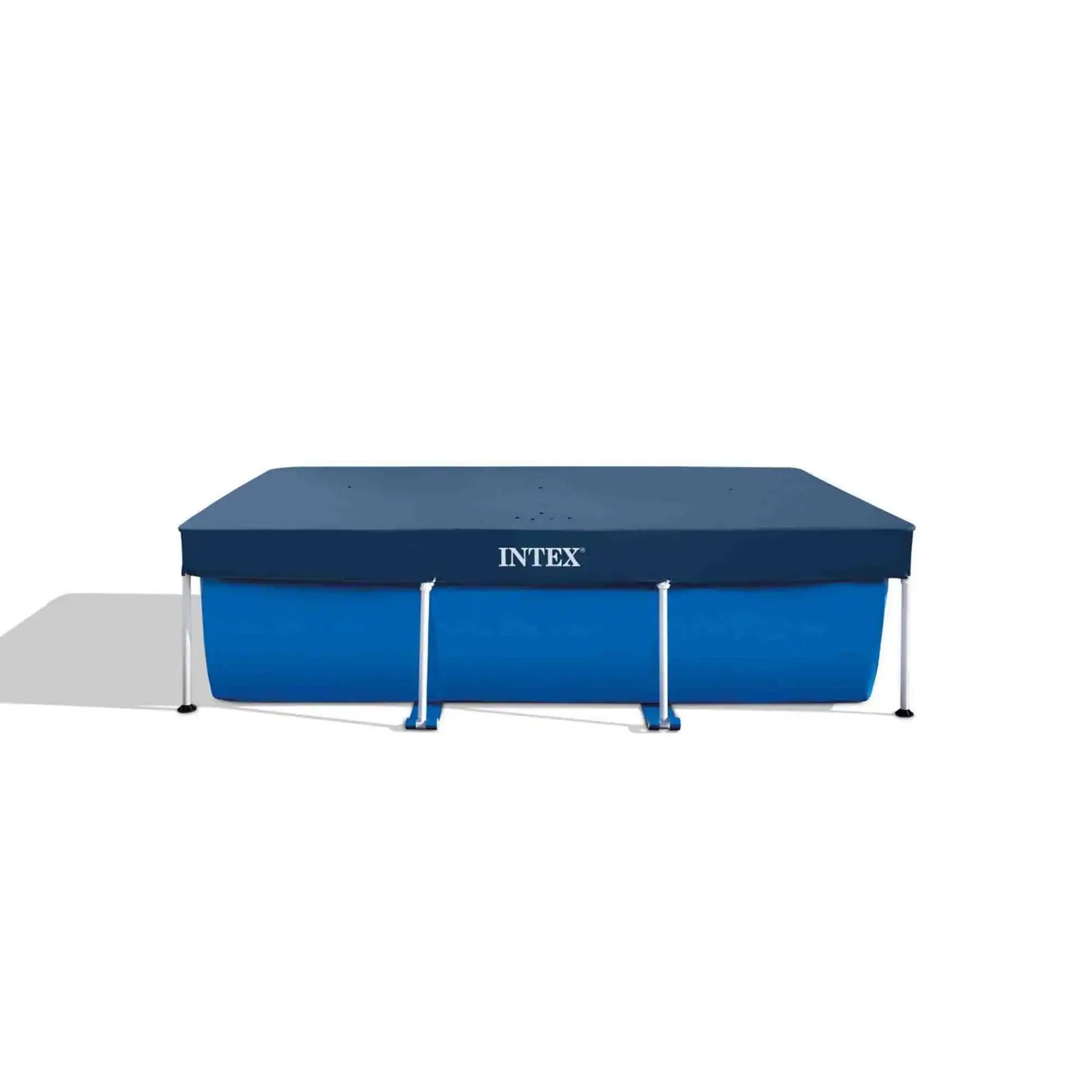 Rectangular pool cover 260x160 cm on pool frame, dark blue top, INTEX logo