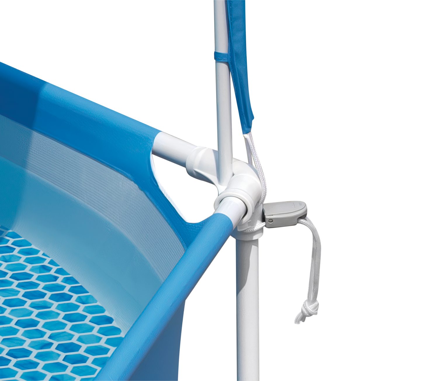 Pool frame corner with blue insert and connector hose
