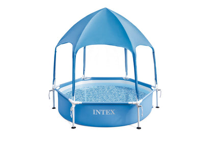 Blue metal frame pool with canopy tent and mesh floor