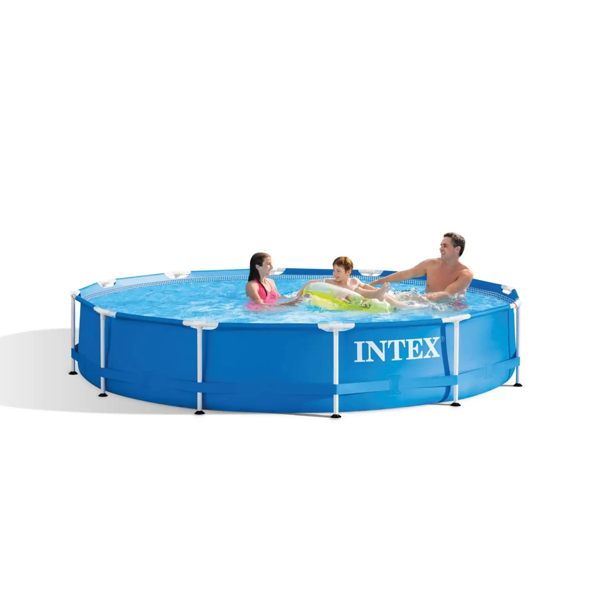 Metal frame above-ground pool with blue sidewalls and INTEX logo, filled with water