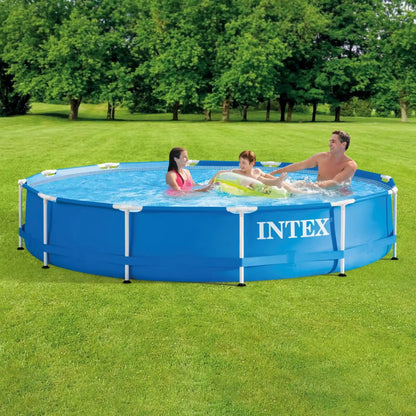Metal frame above-ground pool with blue sidewalls, white supports, and INTEX logo