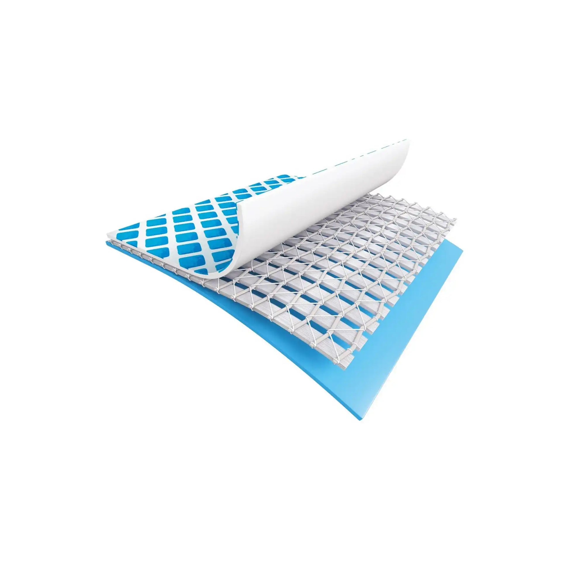 Foldable pool base mat with rolled liner, blue trim, and gray support grid