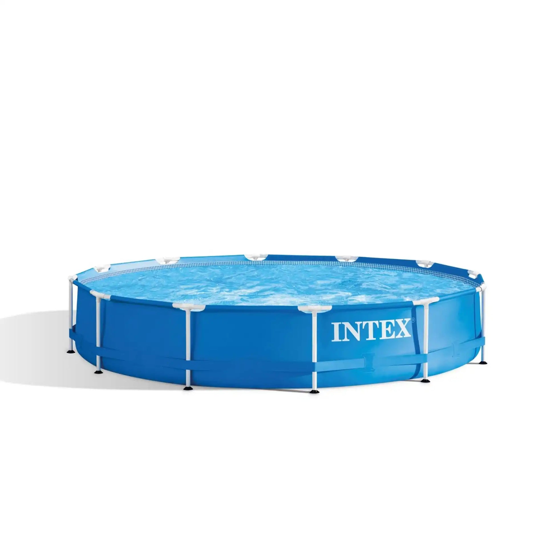 Metal frame above-ground pool with blue sidewalls, white supports, and blue water