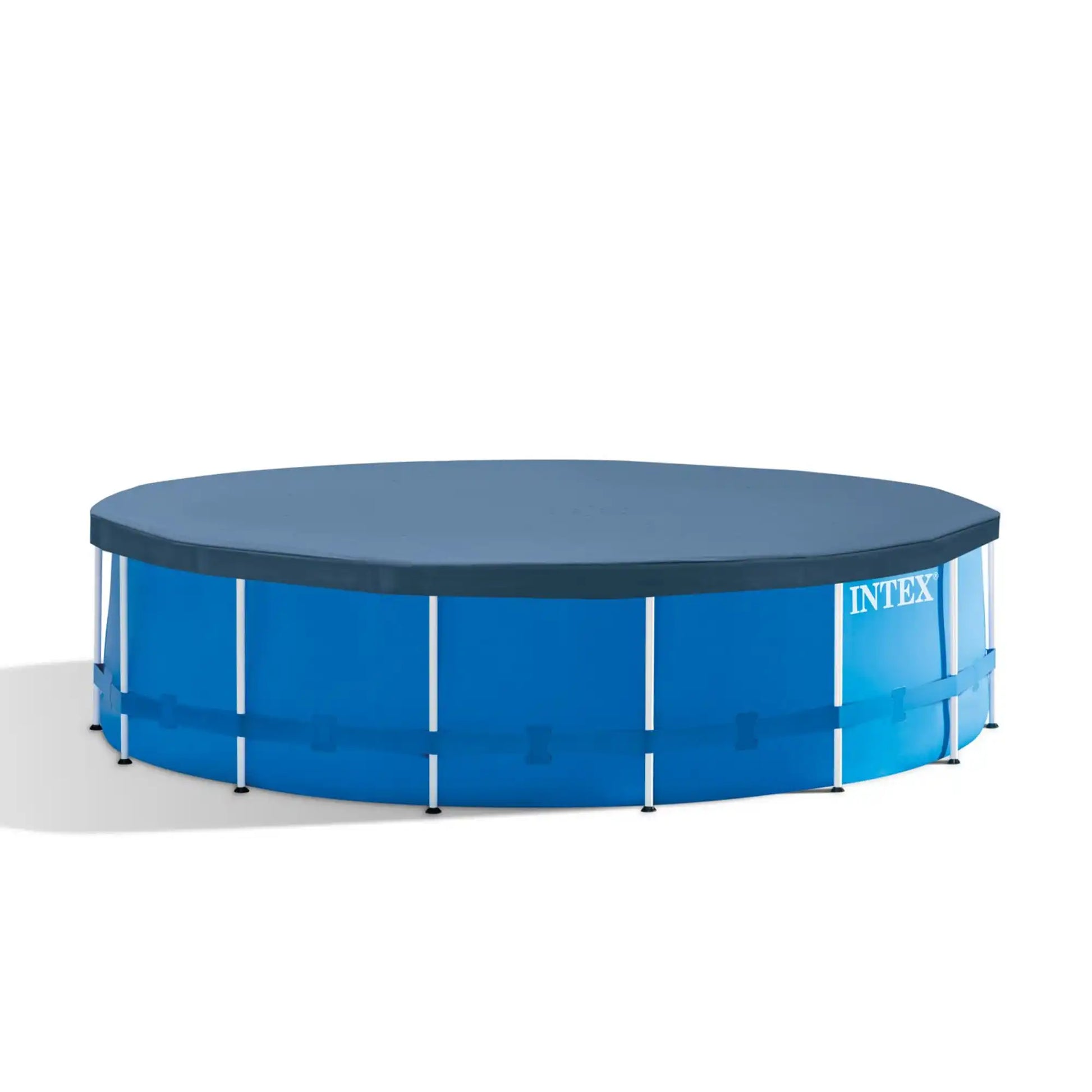 Blue above-ground pool with white frame and dark top cover, round