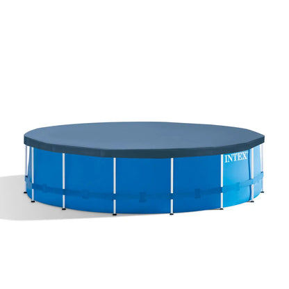 Blue above-ground pool with white frame and dark top cover, round