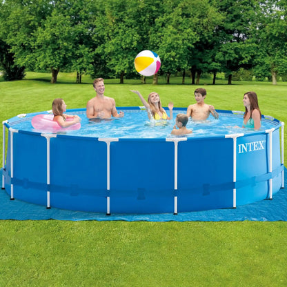 Blue above-ground pool with white ladder and water surface, INTE X logo