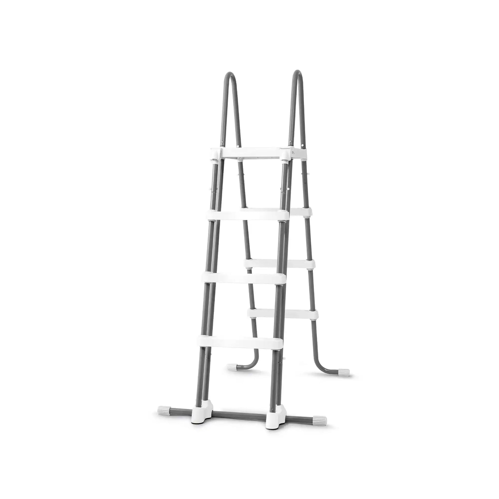 White pool ladder with gray stabilizer bars and curved handrails