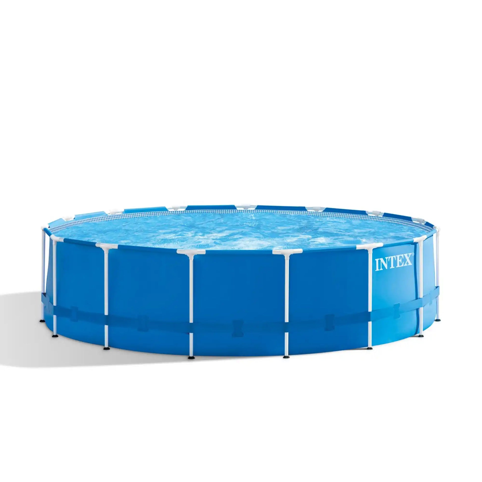 Blue above-ground pool with white metal frame, round shape, filled with clear water