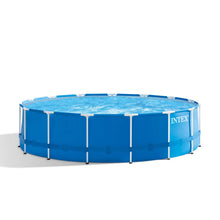 Blue above-ground pool with white metal frame, round shape, filled with clear water
