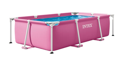 Pink rectangular frame pool with white frame bars and open top, water inside