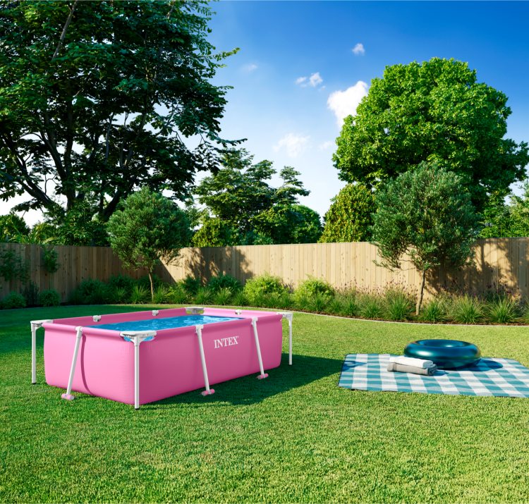 Pink rectangular frame pool with white frame bars and water inside