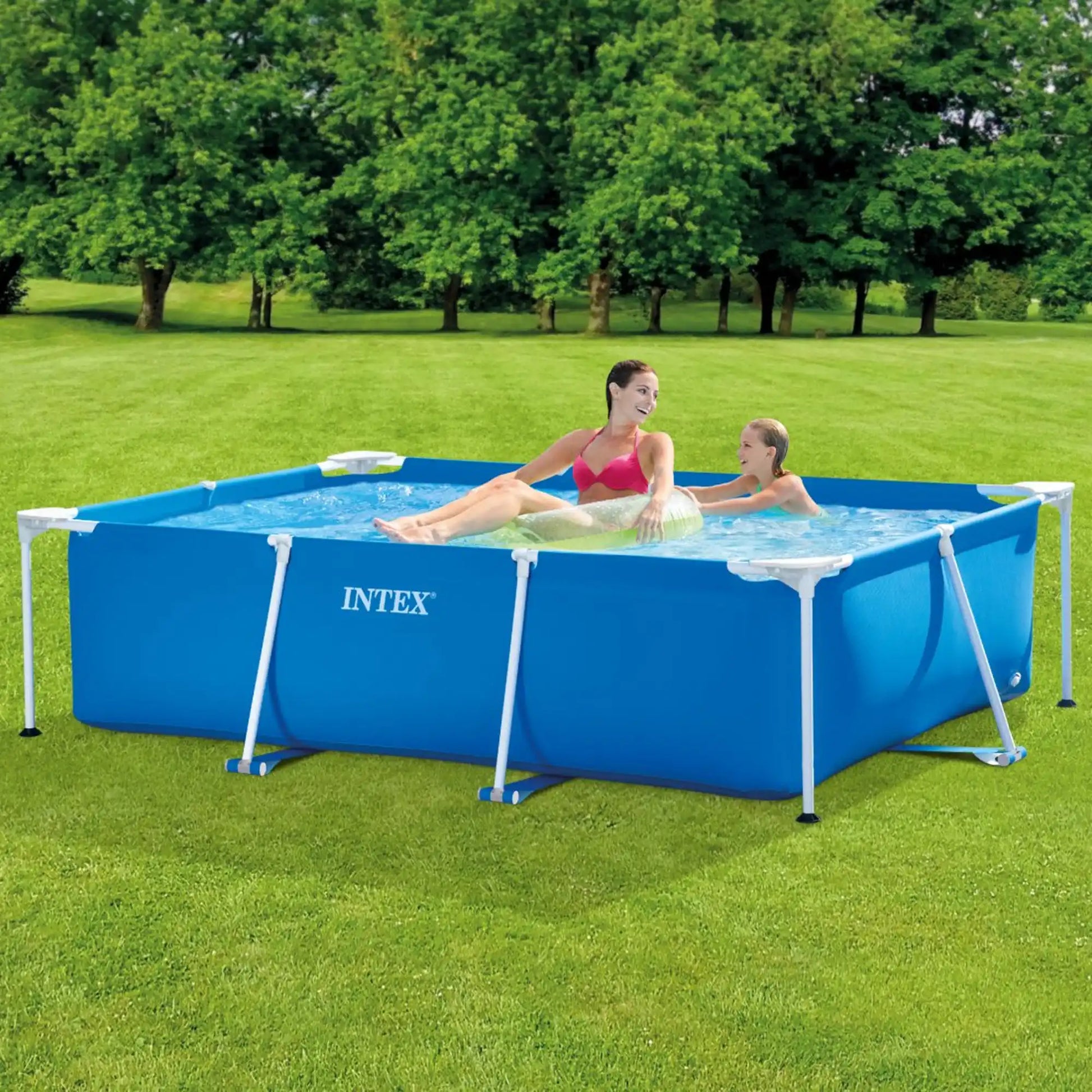 Blue rectangular frame pool with white frame, water visible at open top