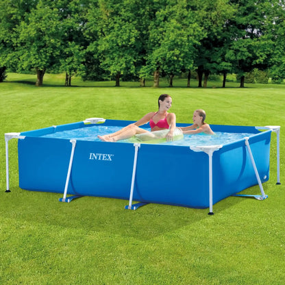Blue rectangular frame pool with white frame, water visible at open top