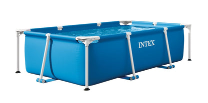 Blue rectangular frame pool with white frame bars and open top, water inside