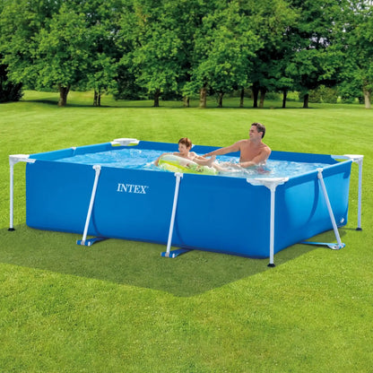 Rectangular frame pool with blue water and white supports; two people swimming