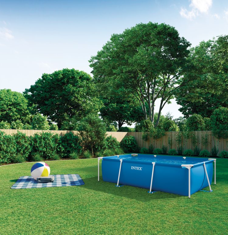 Rectangular frame pool with blue liner and white supports, INTEX logo, beach ball