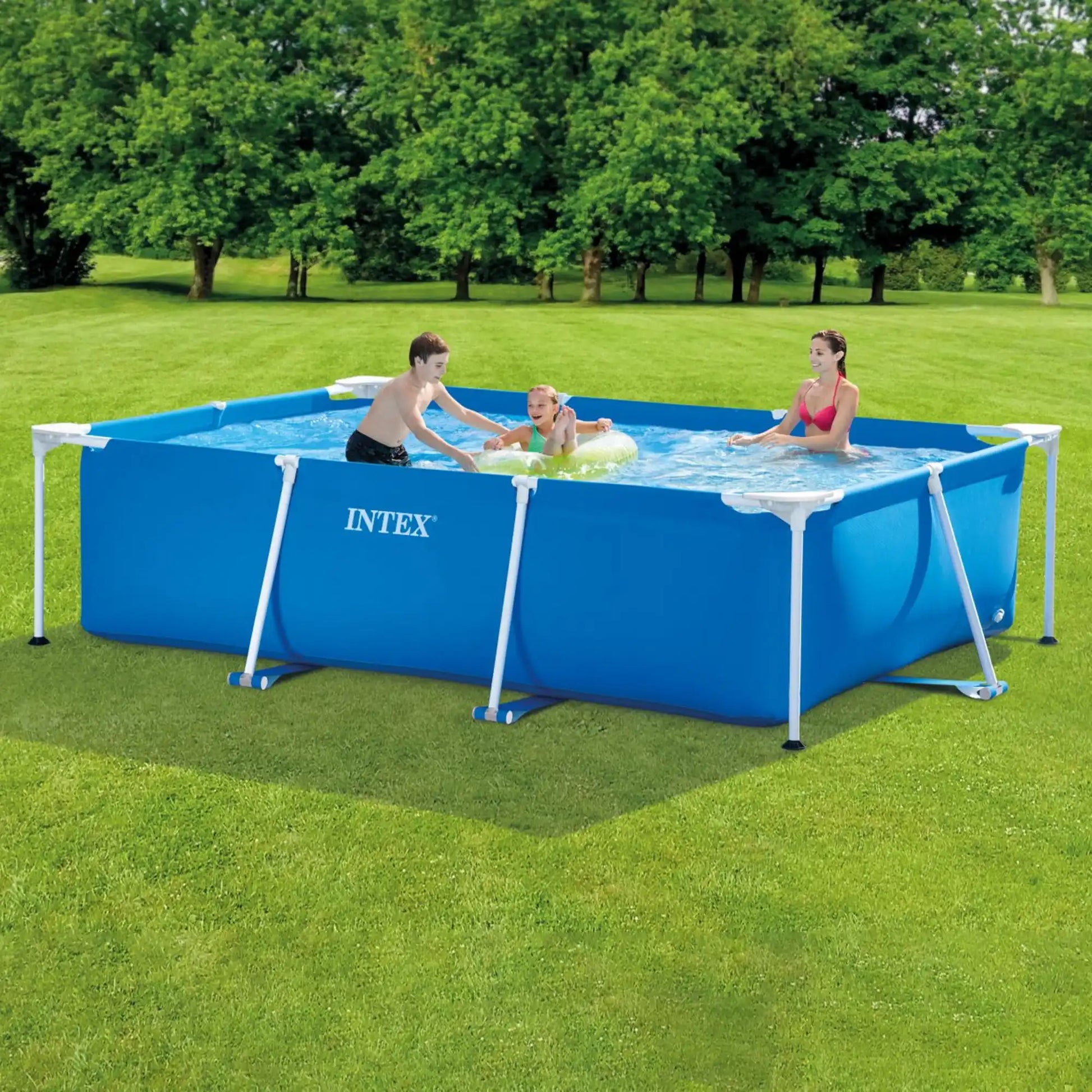 Rectangular frame pool with blue water and white frame supports, INTEX logo