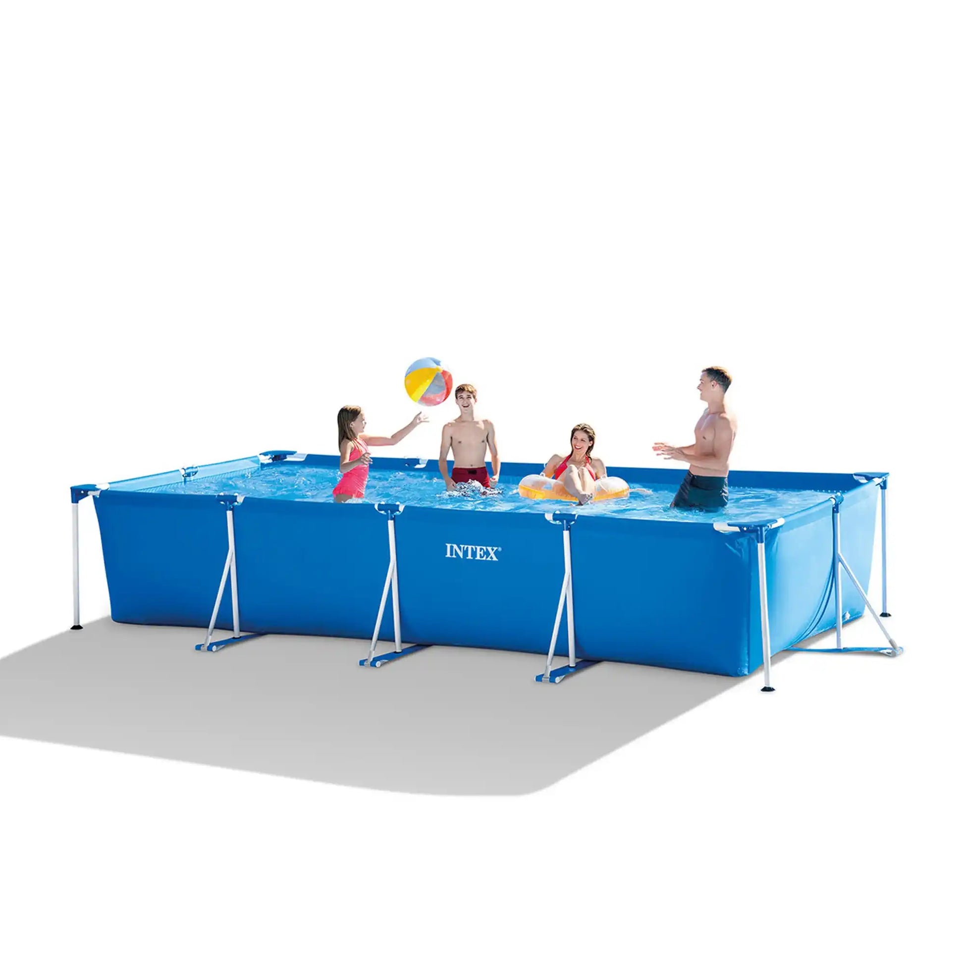 Rectangular frame pool with blue liner and metal support legs, filled with water