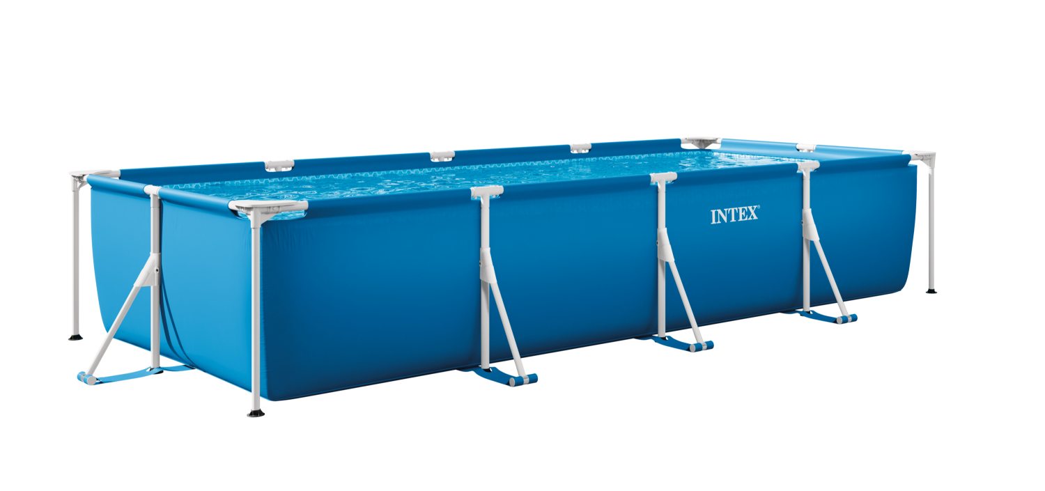 Rectangular frame pool with blue walls and white metal frame, side view
