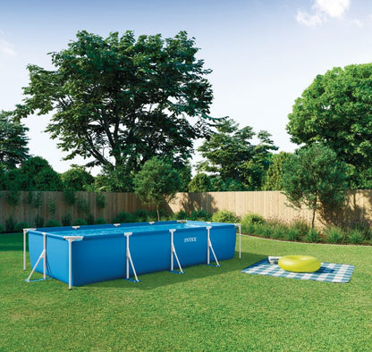 Rectangular frame pool set, blue-and-white frame with Intex logo for backyard