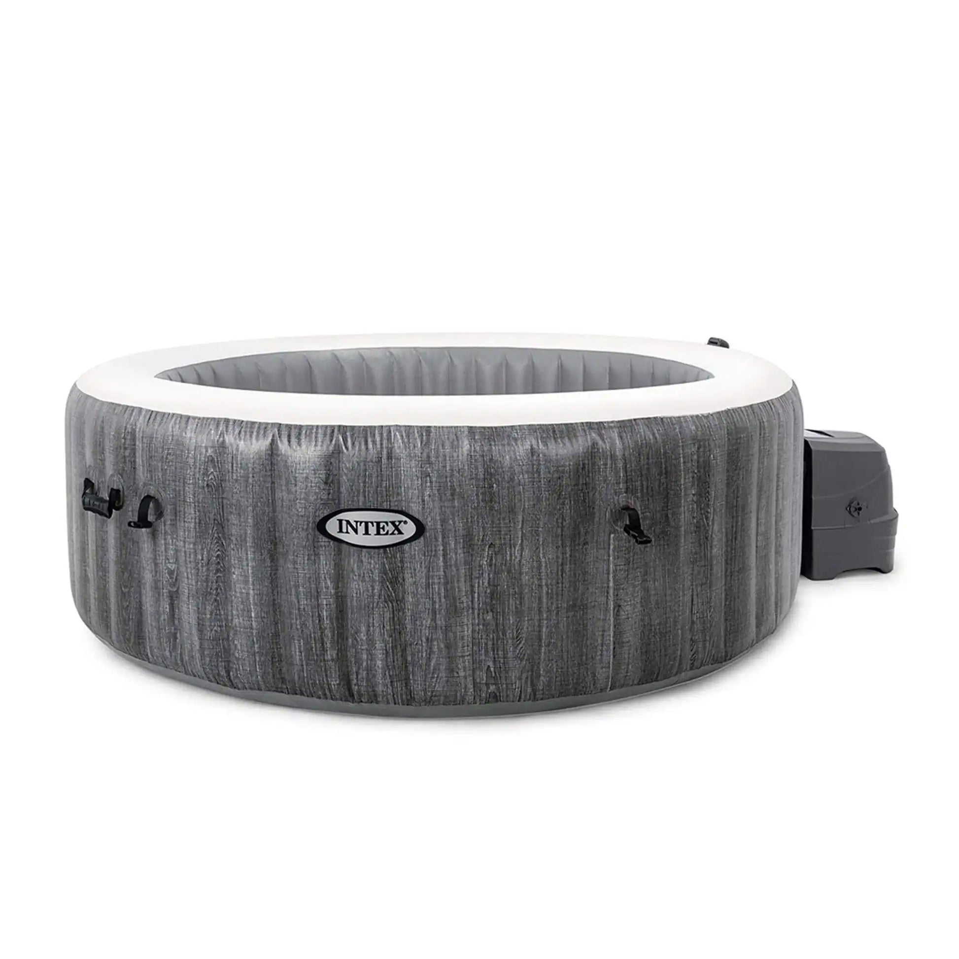 Gray round inflatable bubble spa with white rim and side control unit