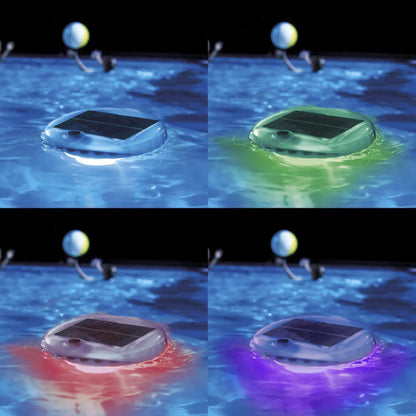 Solar-powered LED floating pool lights with blue, green, and purple LED glow