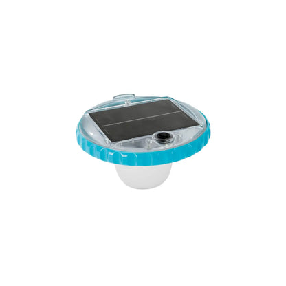 Solar-powered LED floating pool light with blue base and clear top, black solar panel