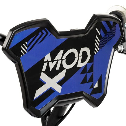 Blue-and-black bike frame with bold 'Mod X' graphics and front brake