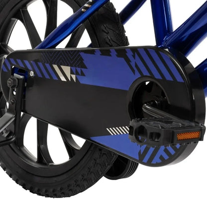 Blue kids bike with black rear fender and coaster brake reflector