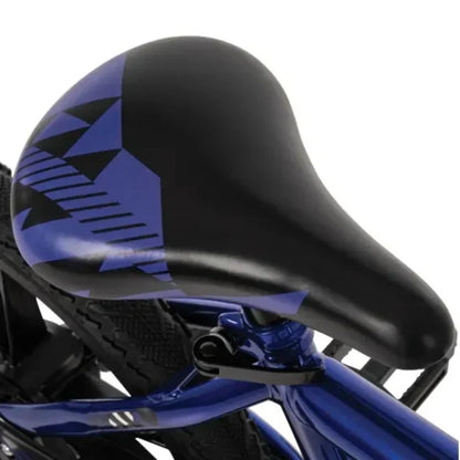 Black seat and blue bike handlebar area with grips and frame graphics