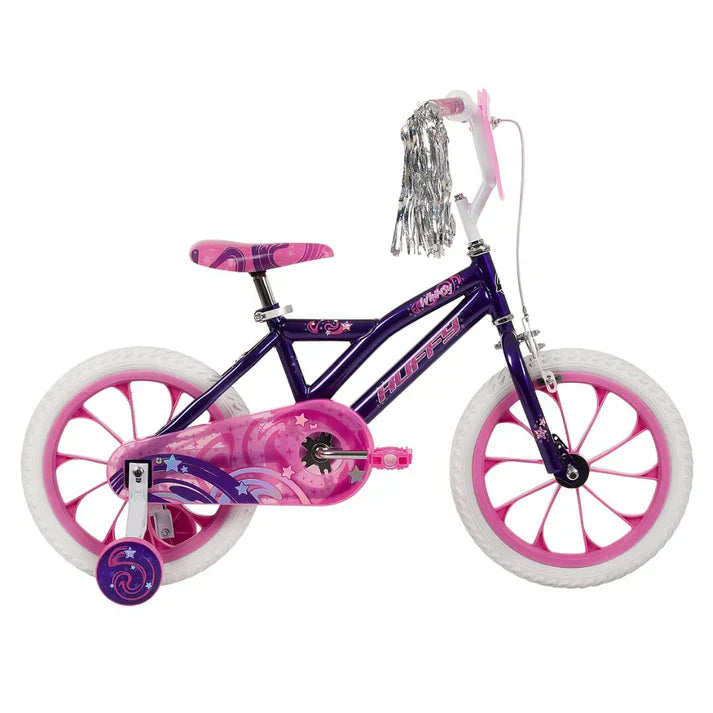 Whimsy 16" Mädchenfahrrad: dunkelblauer Rahmen, pinke Räder, Ziergriff mit Quasten