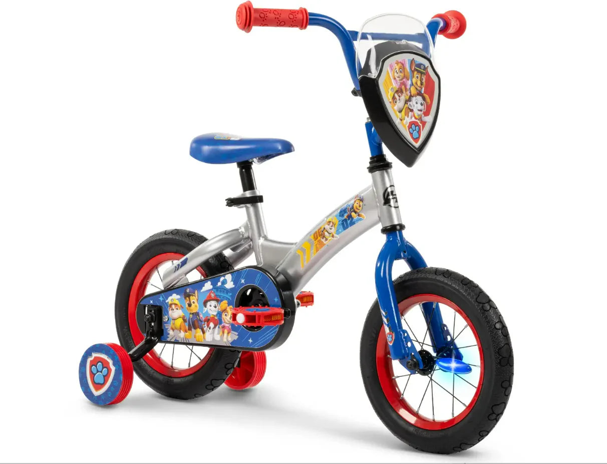 Paw Patrol 12-inch kids bike with front shield, Paw Patrol grips, and red wheel rims