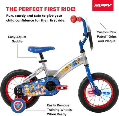 Huffy 12-inch Paw Patrol bike with adjustable saddle, training wheels, and custom grips