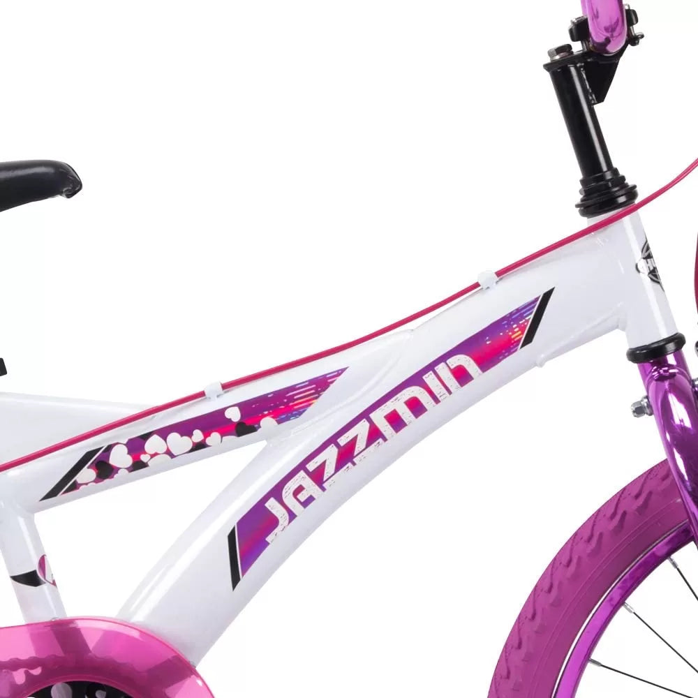 Jazzmin 20" bike frame close-up: white and purple decals on the downtube
