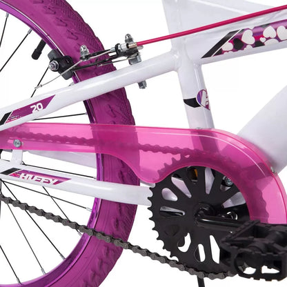 Jazzmin 20" front wheel with purple tire, magenta fender and black chain guard