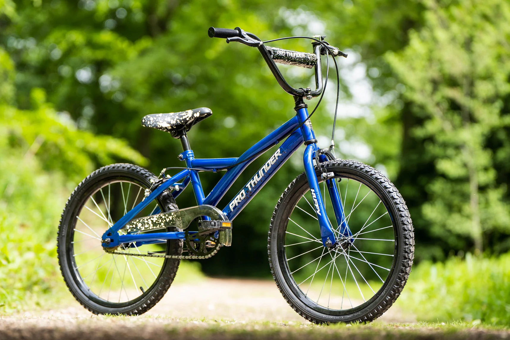Blue Pro Thunder 20-inch bicycle side view, front suspension fork, coaster brake